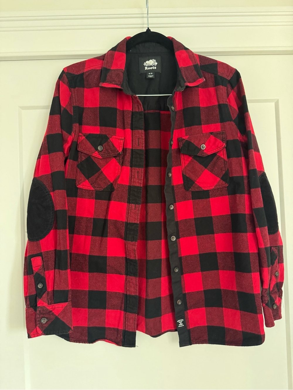 Roots Canada Buffalo Plaid Flannel Shirt Red Black Elbow Patches Medium